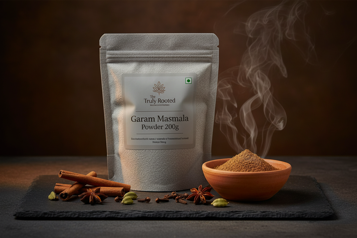 The Truly Rooted Garam Masala Powder in a rich, moody setting