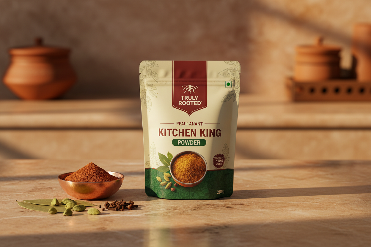 The Truly Rooted Kitchen King Powder in a warm Indian kitchen setting