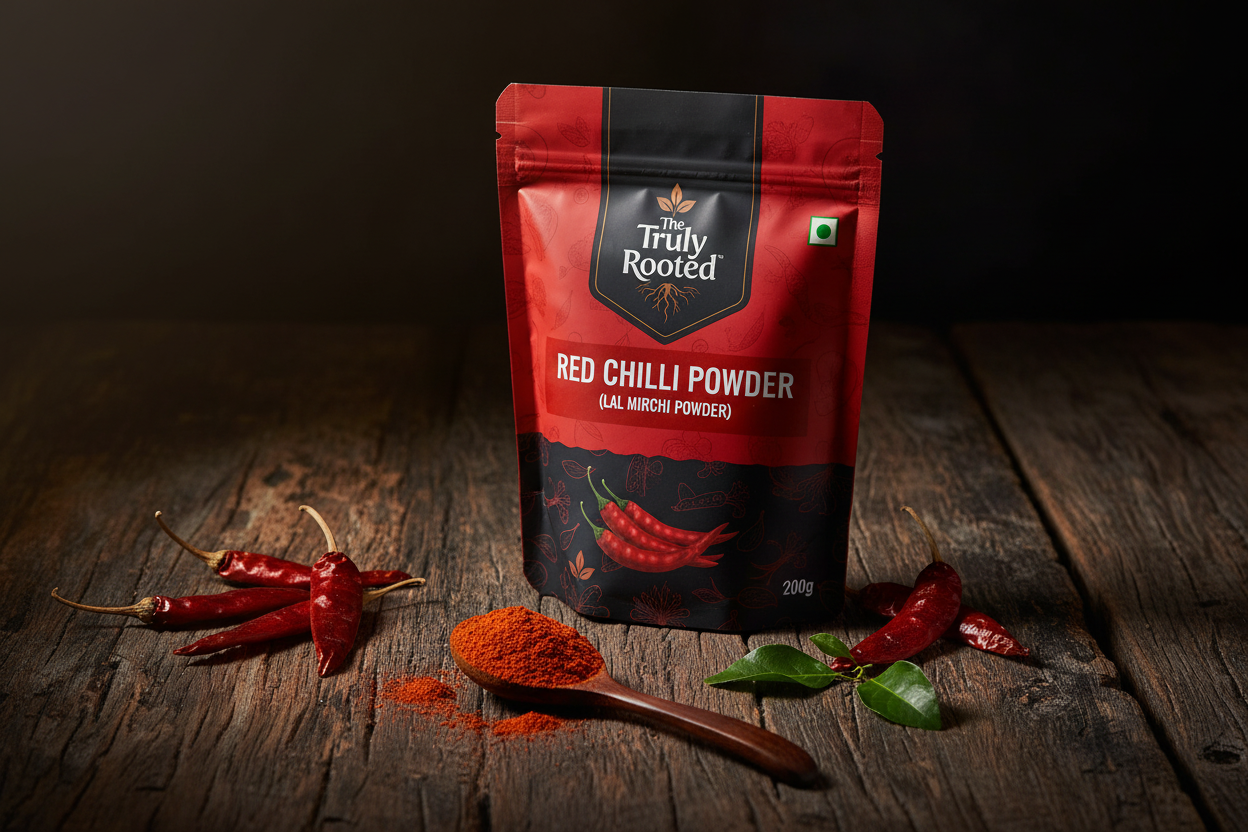 The Truly Rooted Red Chilli Powder in a bold, warm setting