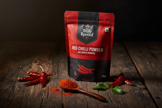 The Truly Rooted Red Chilli Powder in a bold, warm setting